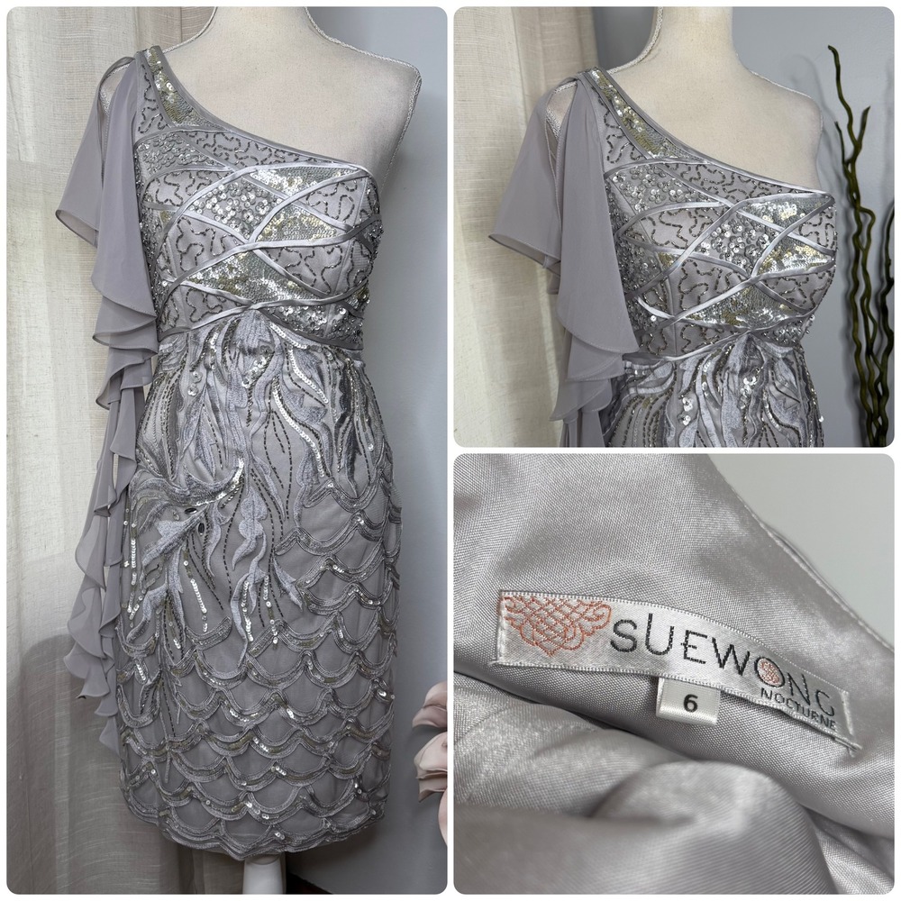 Sue Wong Nocturne One Shoulder Beaded Sequin Dress Cocktail Silver Women's 6